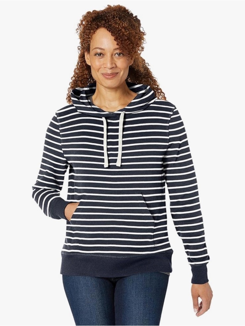 Striped Navy and White Nautical Hooded Pullover Hoodie Sweatshirt Large